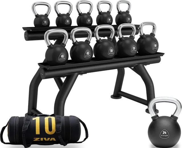 Stojan s kettlebelly ZIVA, samostatný kettlebell a power bag ZIVA v 01.fitness