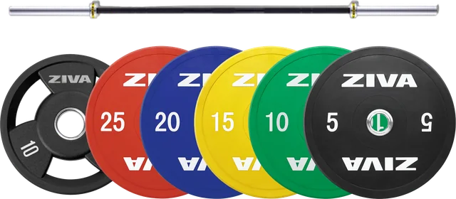 Olympijská osa ZIVA, barevné bumpery a grip kotouč ZIVA v 01.fitness