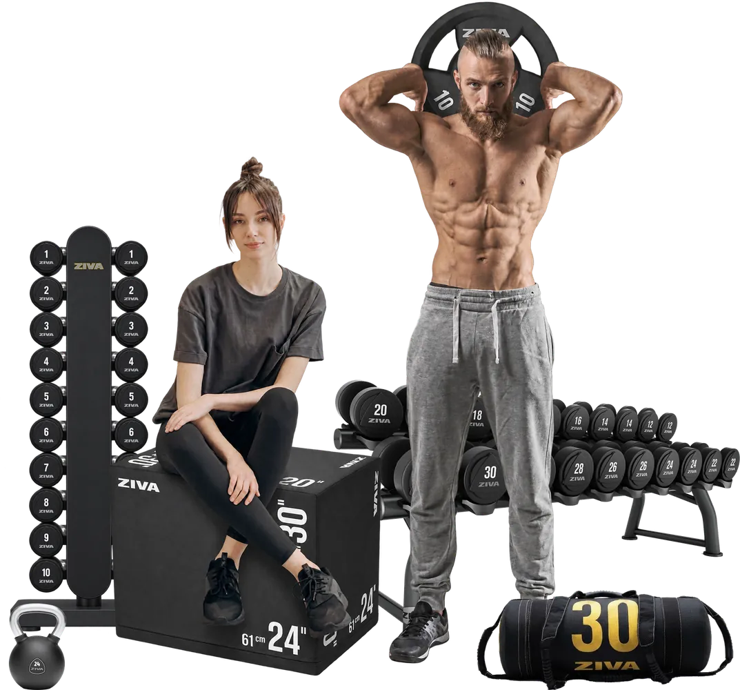 Muž s kotoučem a žena na plyometrické bedně ZIVA v 01.fitness – posilovna pro muže i ženy